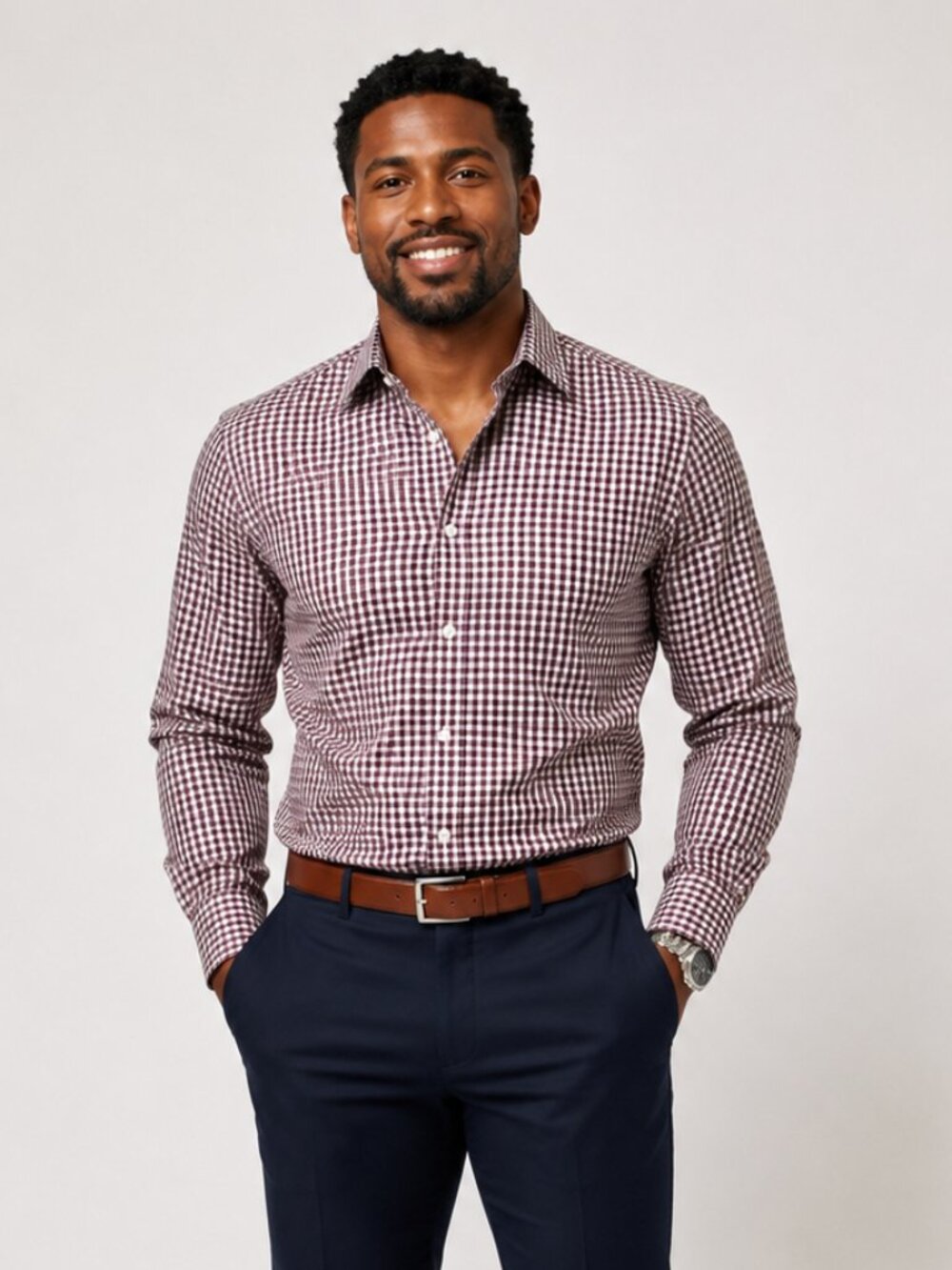 H&M Men's Burgundy & White Gingham Slim Fit Easy-Iron Dress Shirt Size S